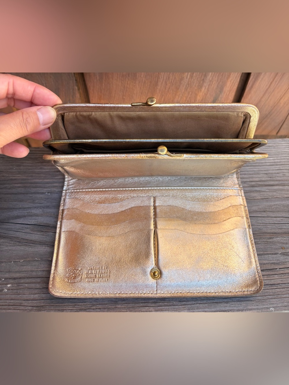 Vintage IL Bisonte Metallic Gold Clutch Kisslock Multifunctional Leather wallet